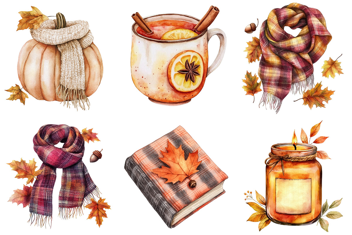 Watercolor Cozy Fall Clipart Bundle, a Seasonal Illustration by CitraGraphics (Photo 2 of 8)
