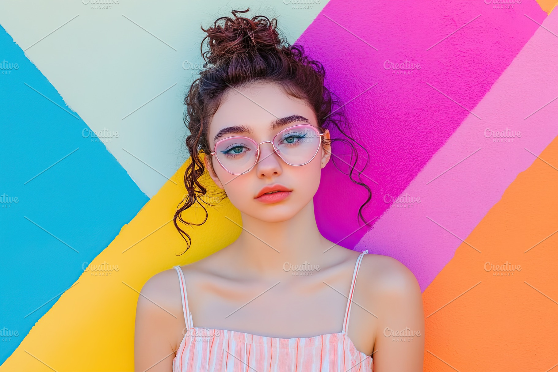 Young woman with curly hair poses in summer attire against vibrant colorful wal, a Person Photo by AlyaAnd