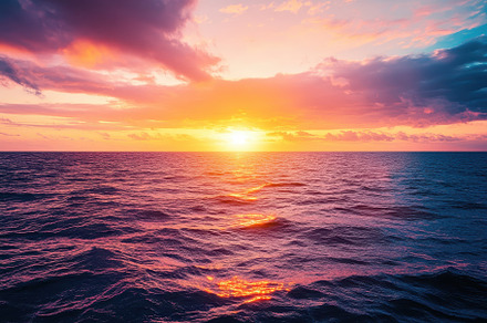 The sun sets on the horizon, paintin, a Photo by Tanuart