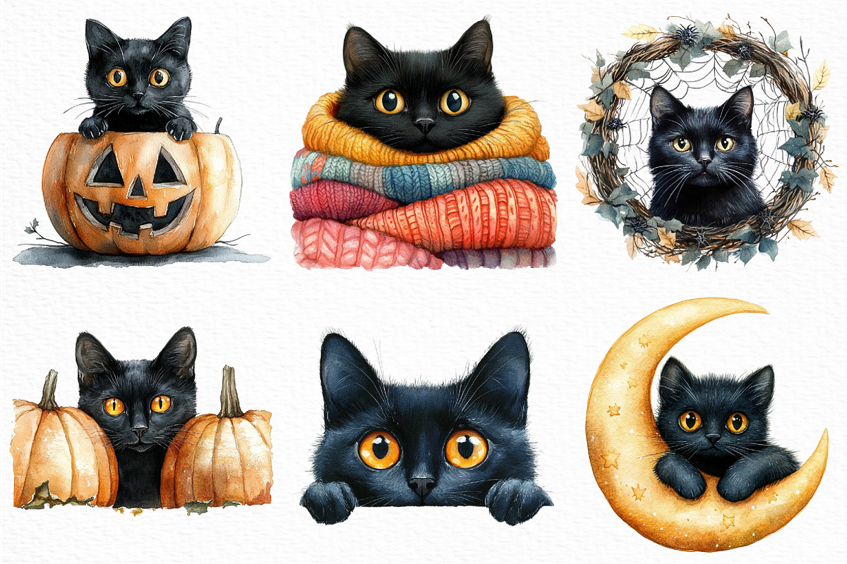 Watercolor Peeking Black Cat Clipart, an Illustration by Craft Nest (Photo 3 of 6)