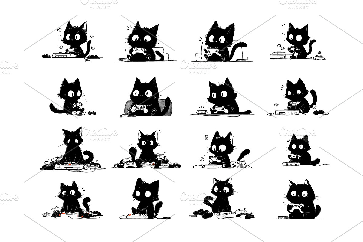 Kitten playing video games black ink, an Animal Illustration by Onyx