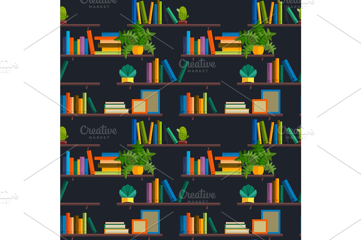 Seamless pattern stack of books in library shelfs collection, paper ...