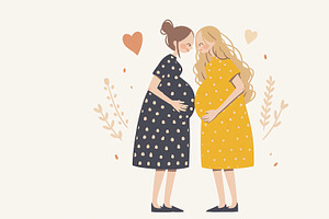 Two expecting mothers sharing a gentle moment together with love and joy, an Illustration by AS photostudio