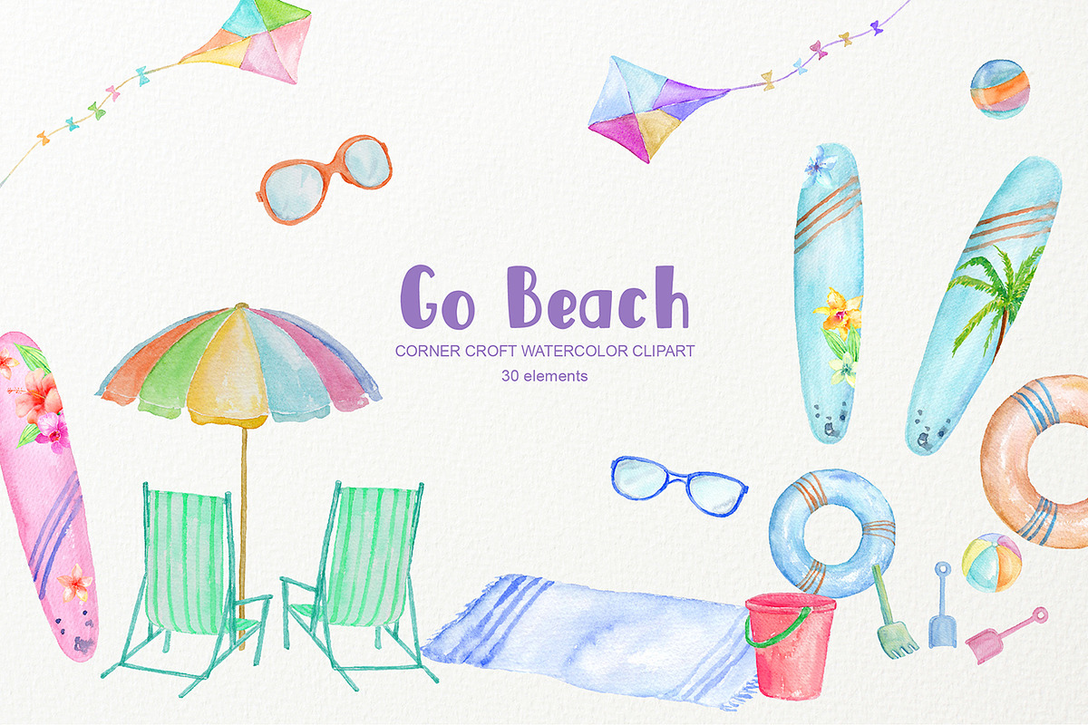 Go Beach Clipart Surfboard Kite, an Illustration by Corner Croft (Photo 1 of 4)