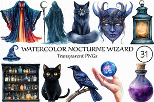 Watercolor Nocturne Wizard Clipart, an Illustration by Craft Nest