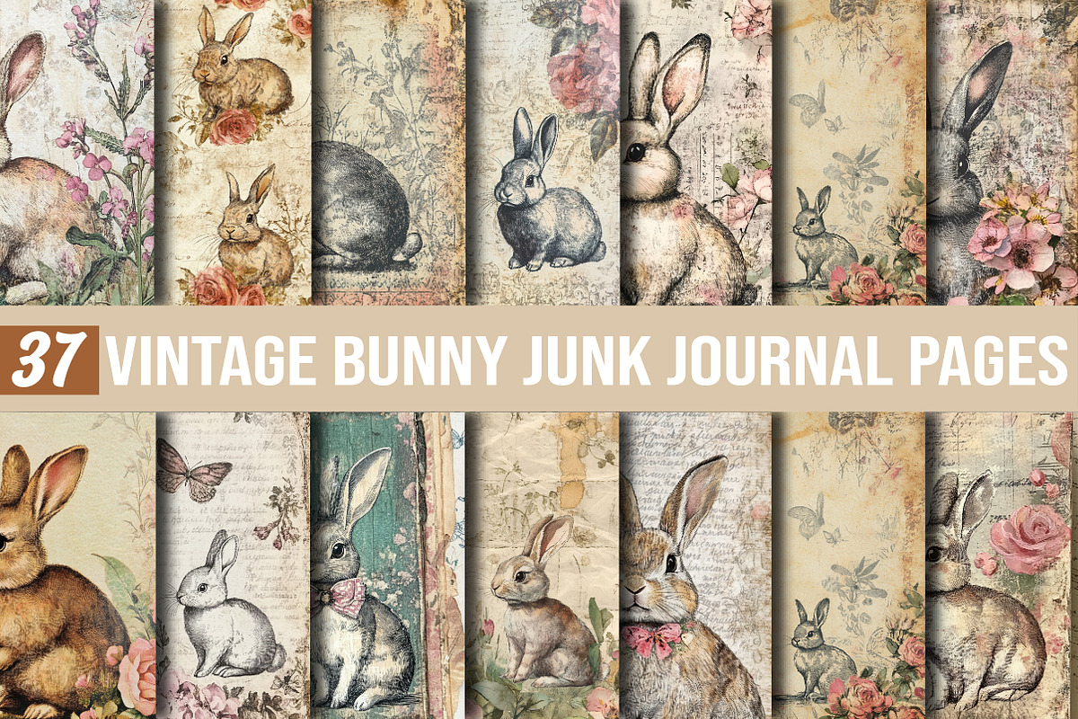 Vintage Bunny Junk Journal Pages, a Pattern Graphic by DreamCafeArt (Photo 1 of 6)