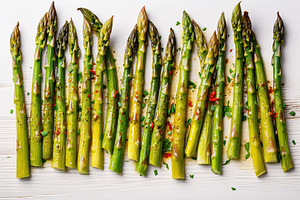 Baked asparagus with spices on wooden background, a Food & Drink Photo by AlyaAnd