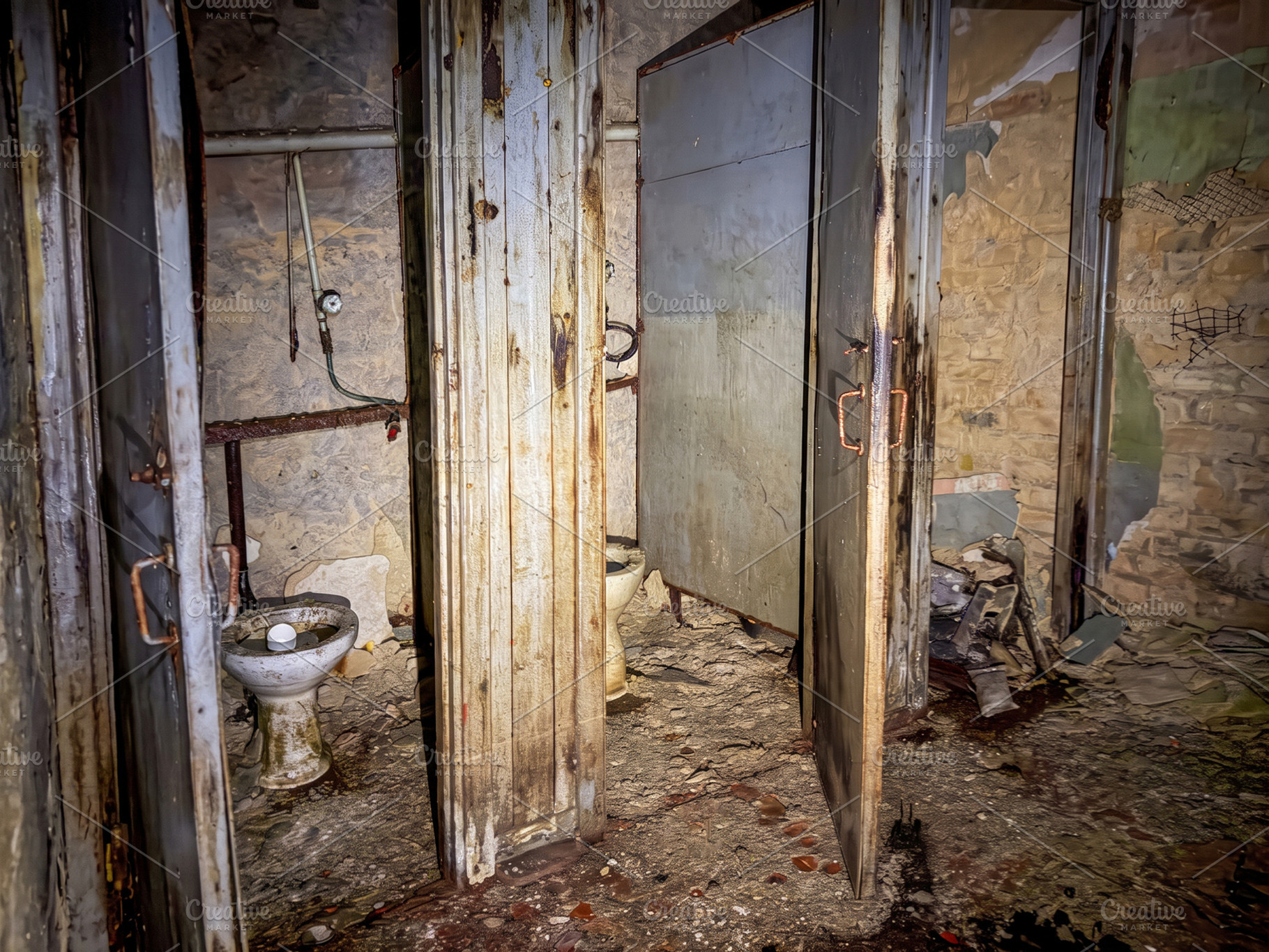 Toilet in old dark underground shelter, an Architecture Photo by Vapi