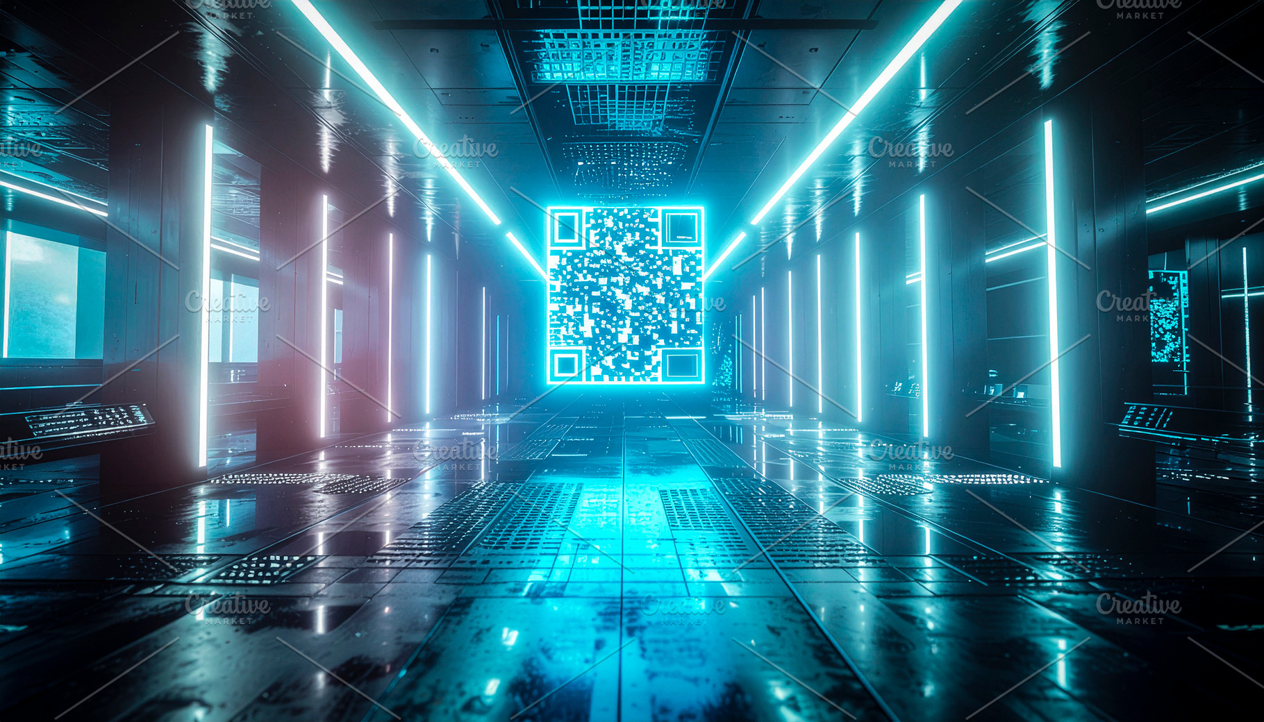 Futuristic neon corridor vision with qr panel at background, a Photo by DanFLCreativo