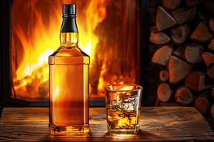 Bottle of whiskey and glass whiskey, a Food & Drink Photo by Volff