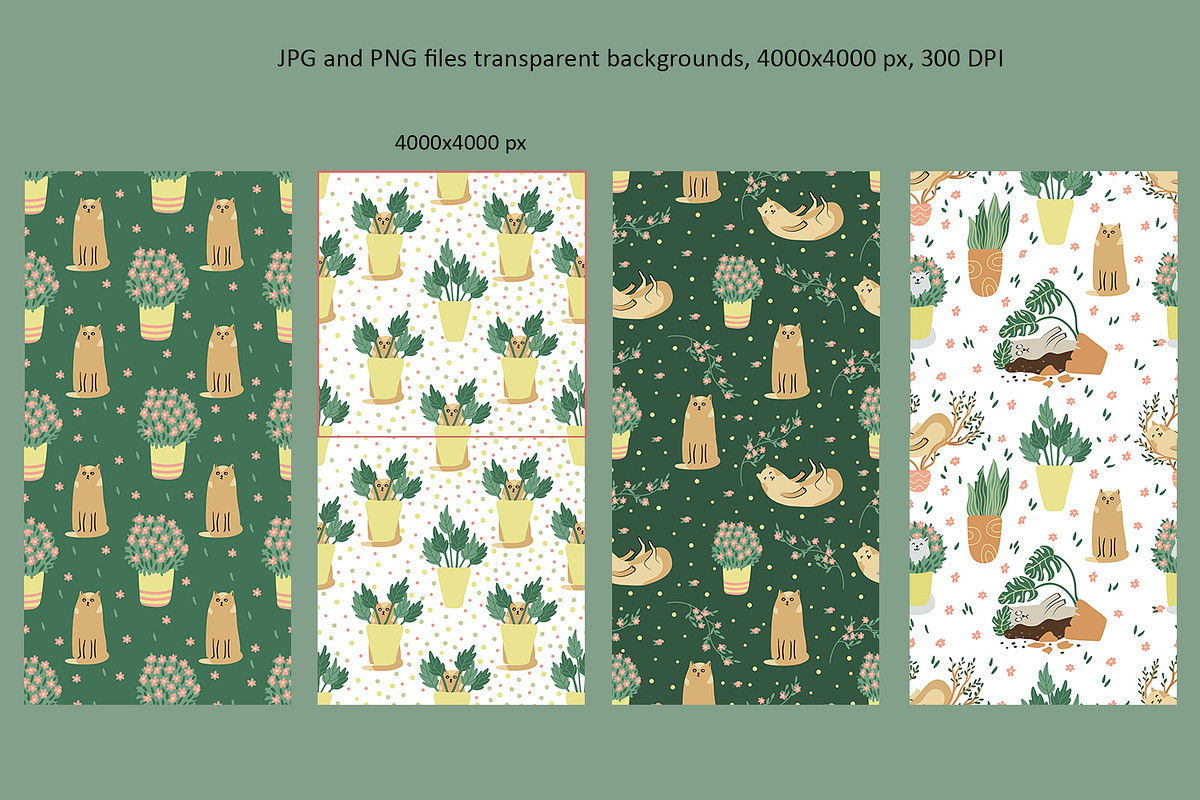 Cats and Plants Clipart and Patterns, an Animal Illustration by Anna Druzhkova (Photo 9 of 23)
