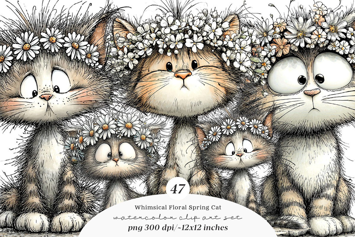 Whimsical floral spring cat clipart, an Illustration by SinaCreation (Photo 1 of 11)