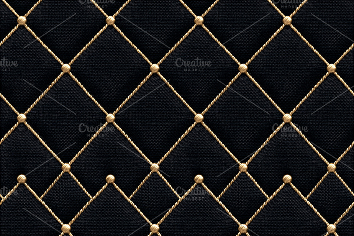 Seamless pattern black quilted fabric upholstery with golden thr, a Pattern Graphic by Studio ANNA