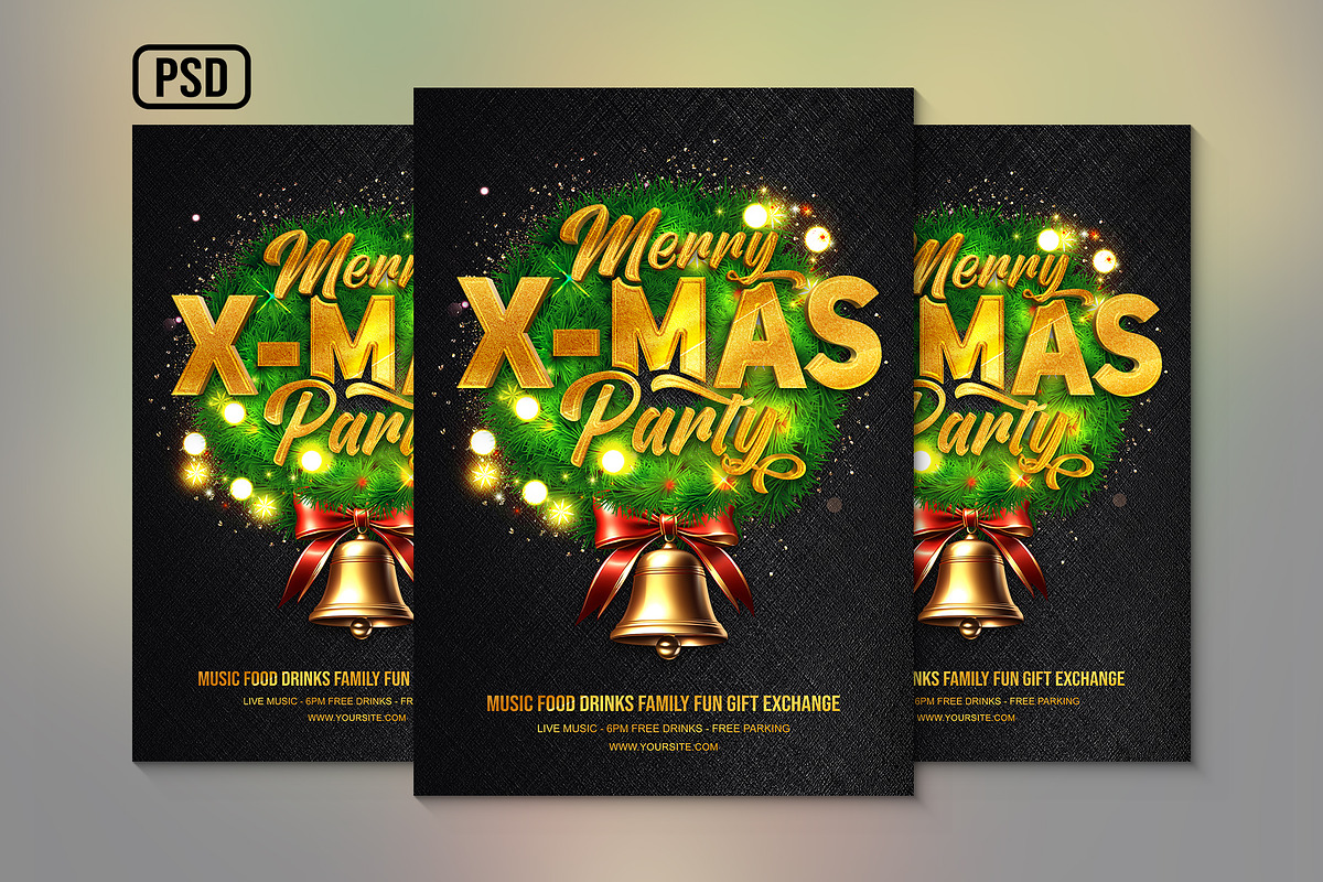 Merry Christmas Party Golden Poster, a Poster Template by Black Spade Design