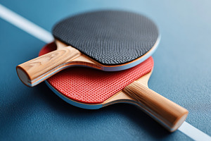 Table tennis paddles resting on a blue playing surface ready for action, a Photo by AlyaAnd