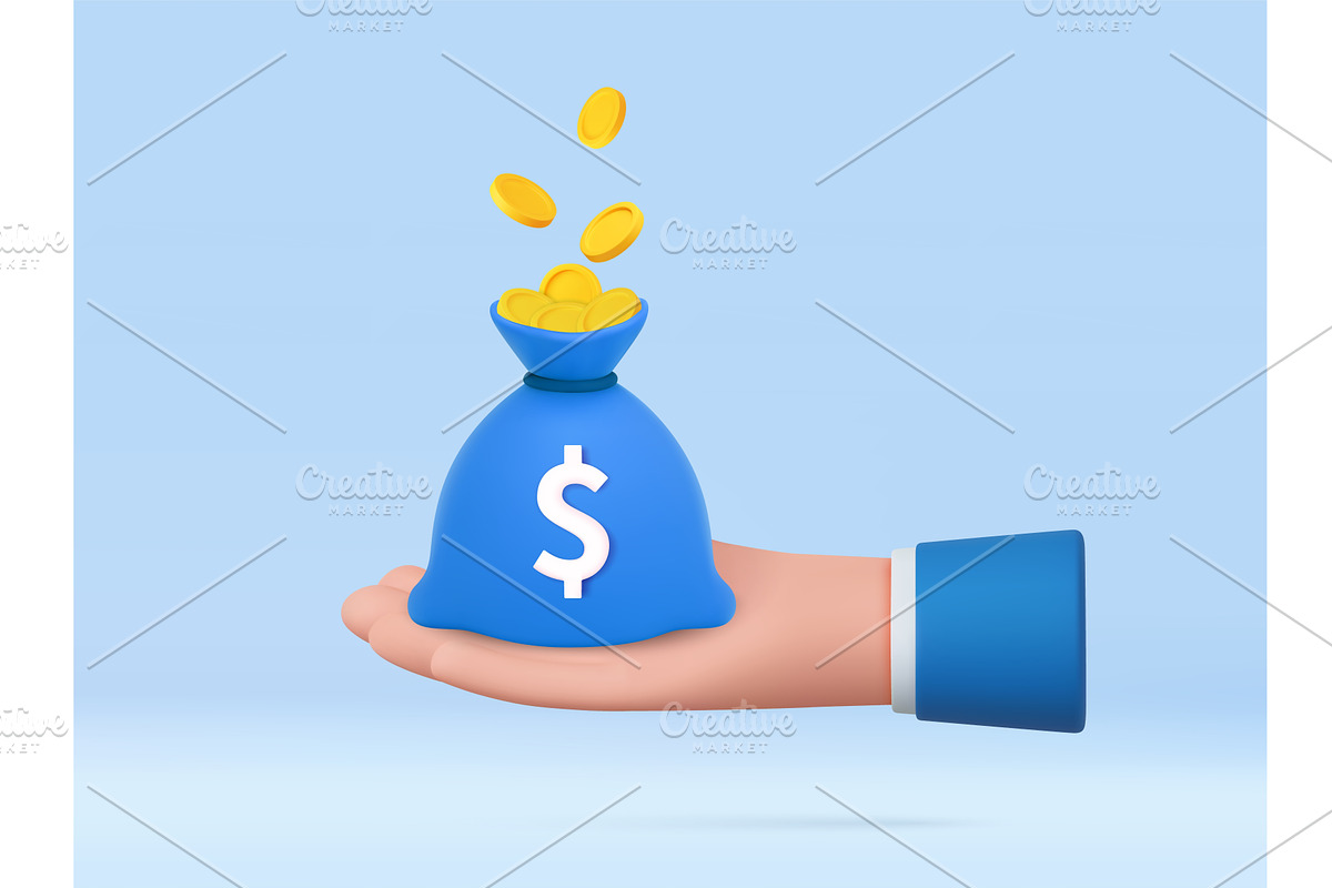 3D hand holding blue money bag, a Finance Illustration by ModVector