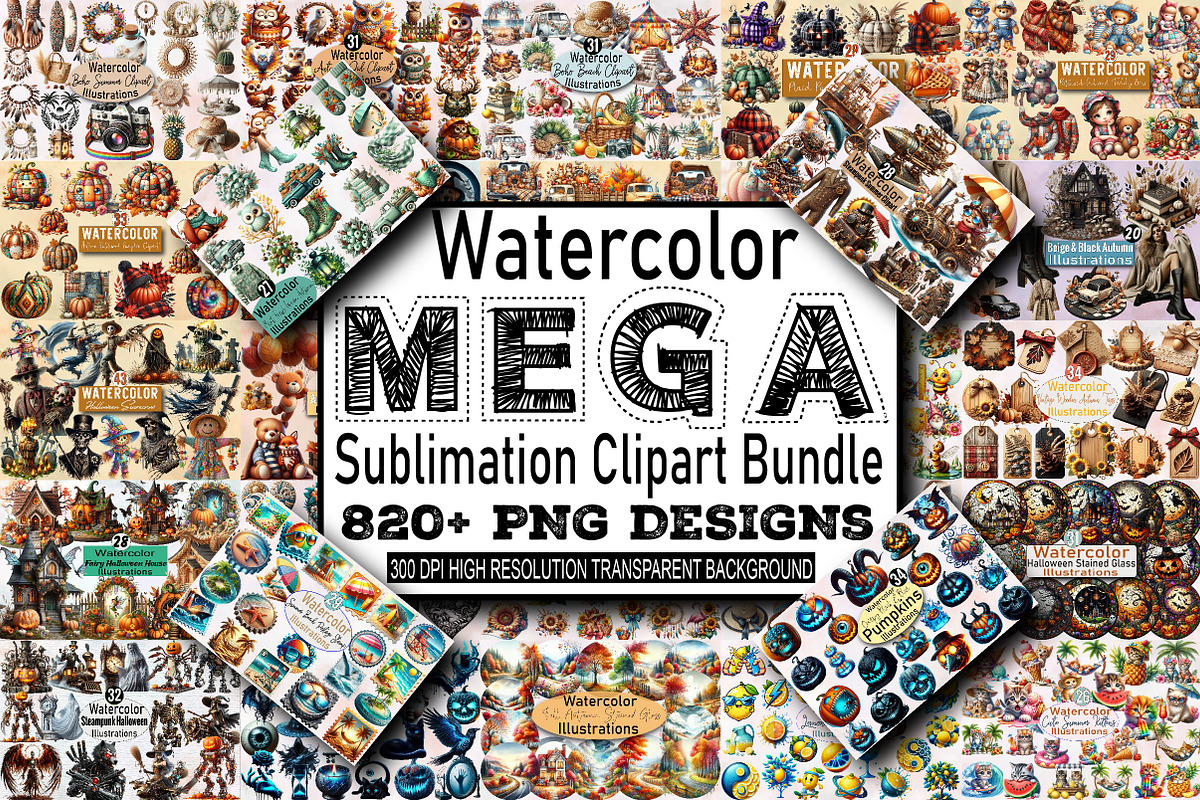Watercolor Mega Sublimation Clipart, an Illustration by SVGArt