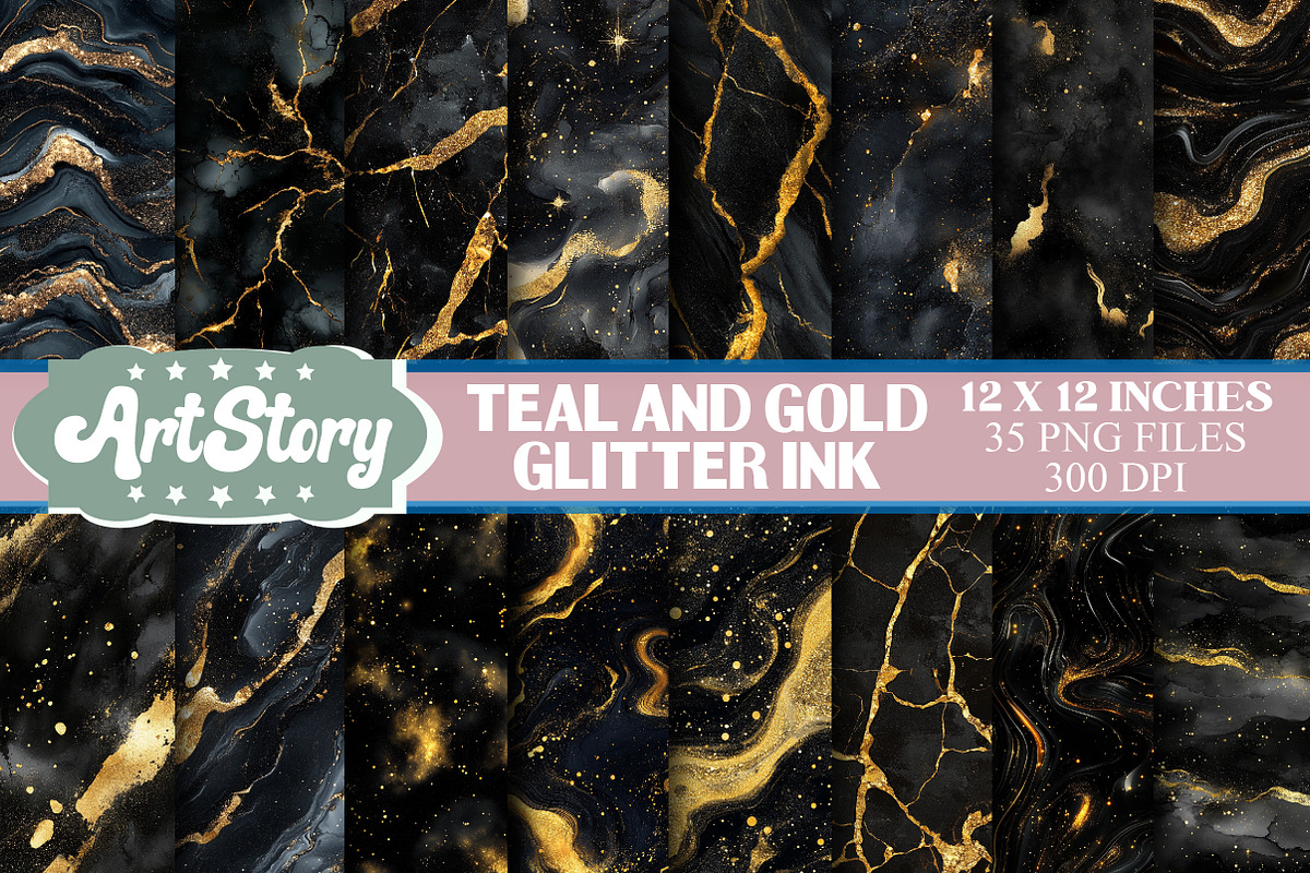 Teal and Gold Glitter Ink Textures, a Texture Graphic by designcity5 (Photo 1 of 5)