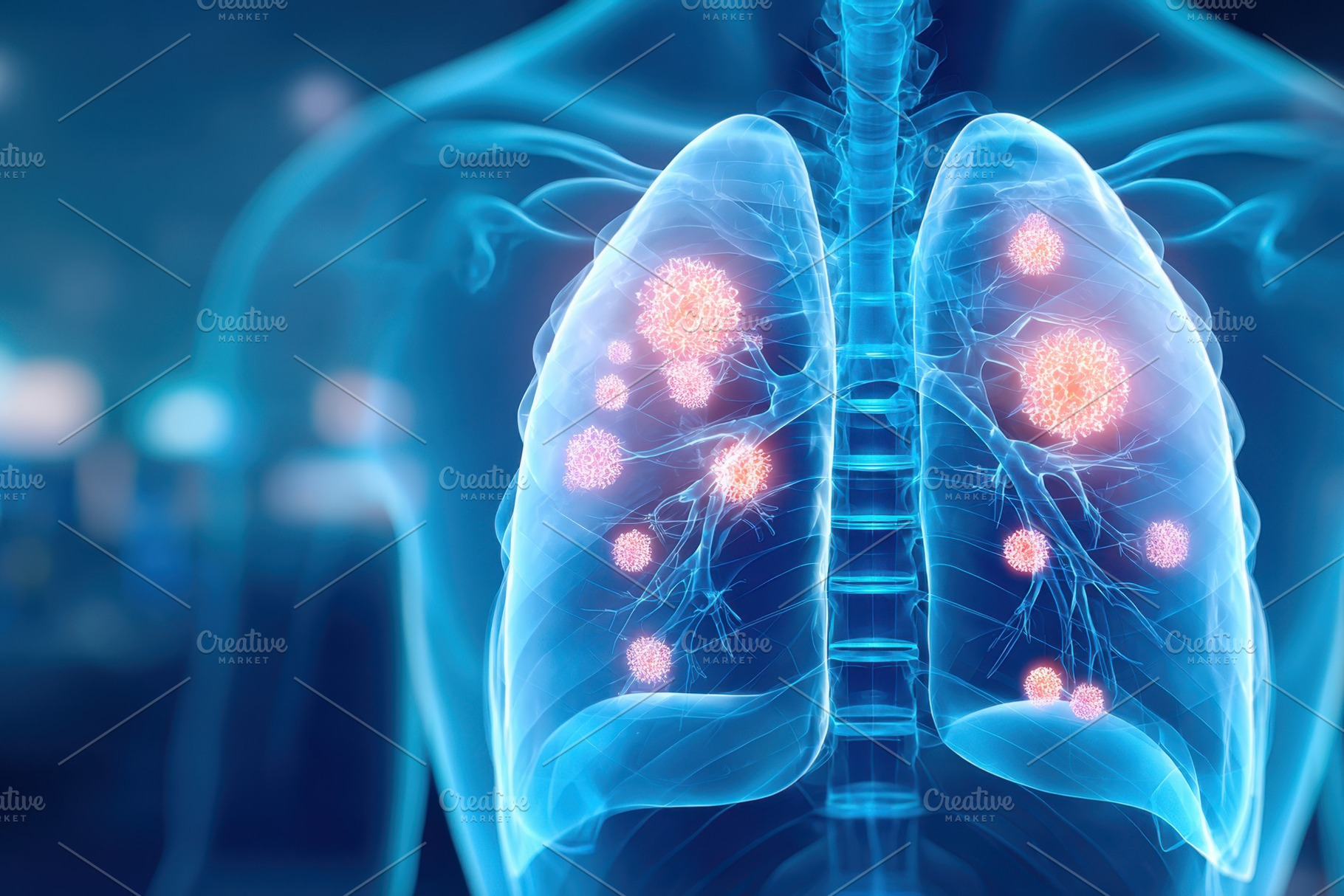 Digital illustration of human lungs with infection highlights, a Health & Medical Photo by AlyaAnd
