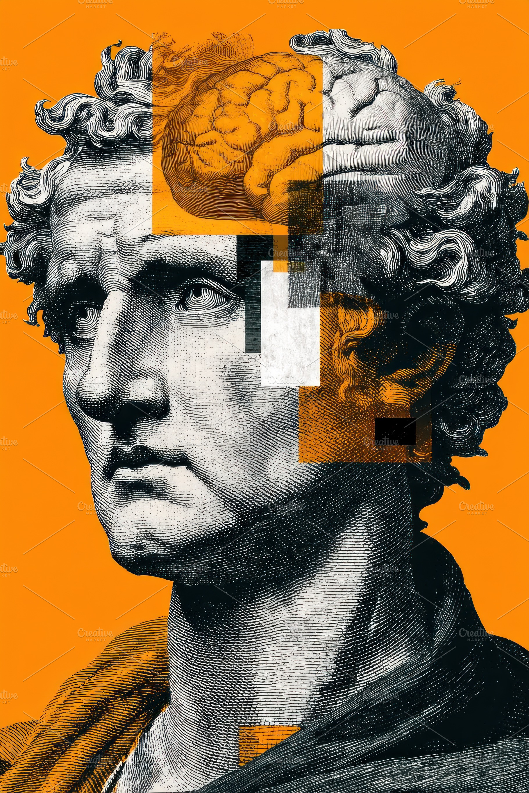 Surreal Engraved Classical Bust with Exposed Brain and Geometric, a Person Photo by José Manuel Gelpi