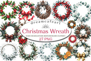 Christmas Wreath Clipart, an Illustration by DreamCafeArt