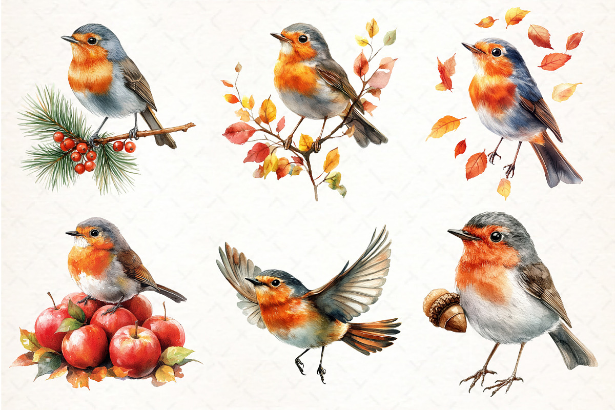 Watercolor Robin Birds Clipart, Fall, an Illustration by Pixels.Craft (Photo 3 of 7)