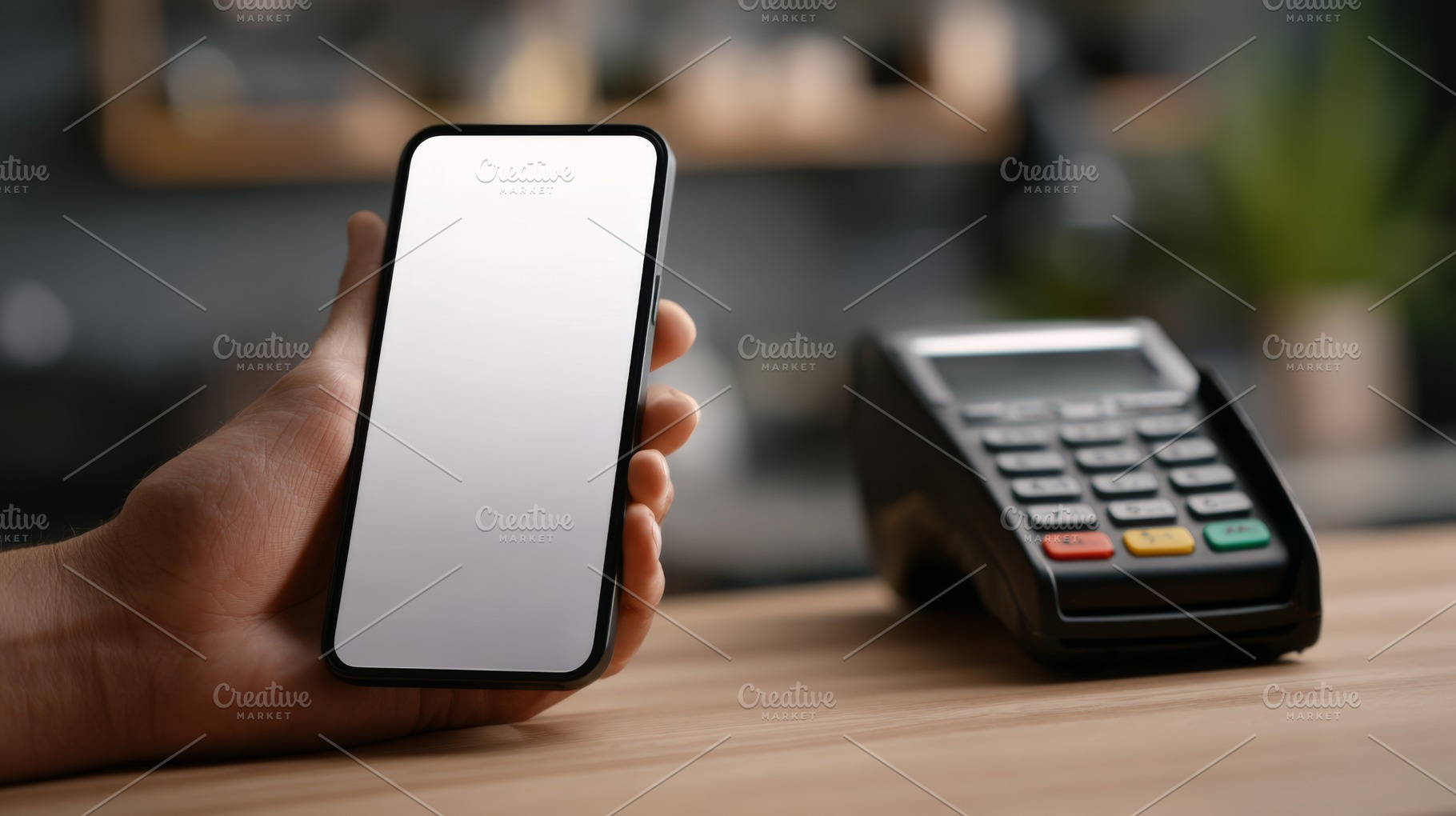 A person holding a blank smartphone next to a payment terminal, symbolizing mod, a Business Photo by ImageMir