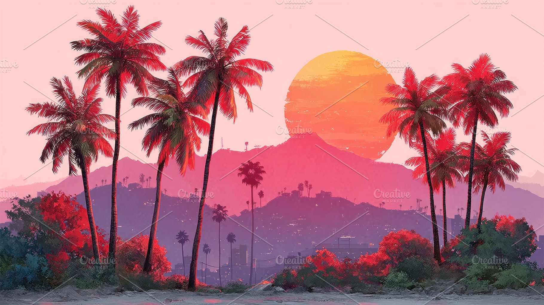 Palm trees and vibrant sunset over city skyline with pink mounta, a Nature Photo by José Manuel Gelpi