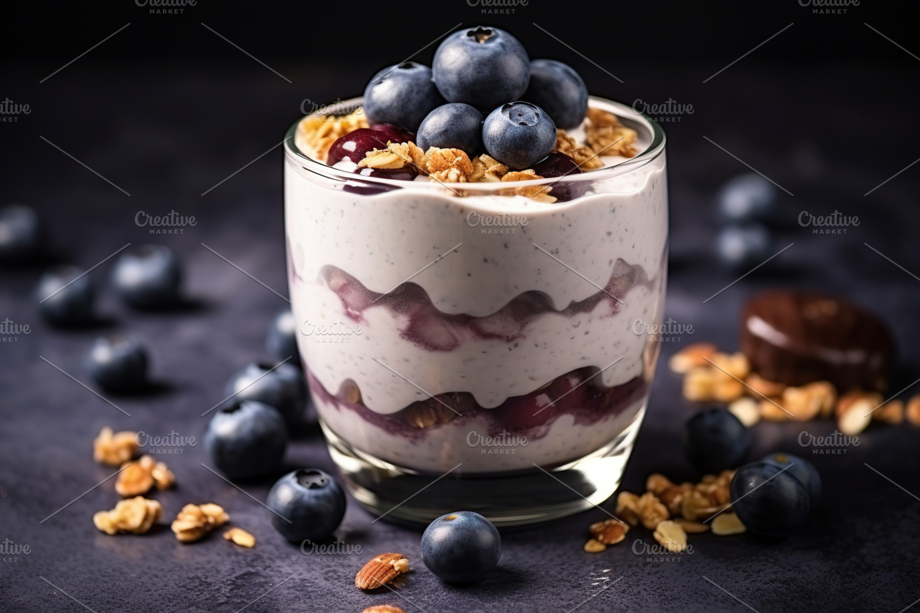 Chia pudding with blueberry and granola in glass, a Food & Drink Photo by AlyaAnd