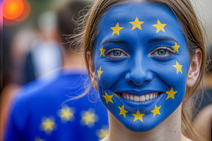 Smiling woman with EU flag face, a Photo by rarrarorro