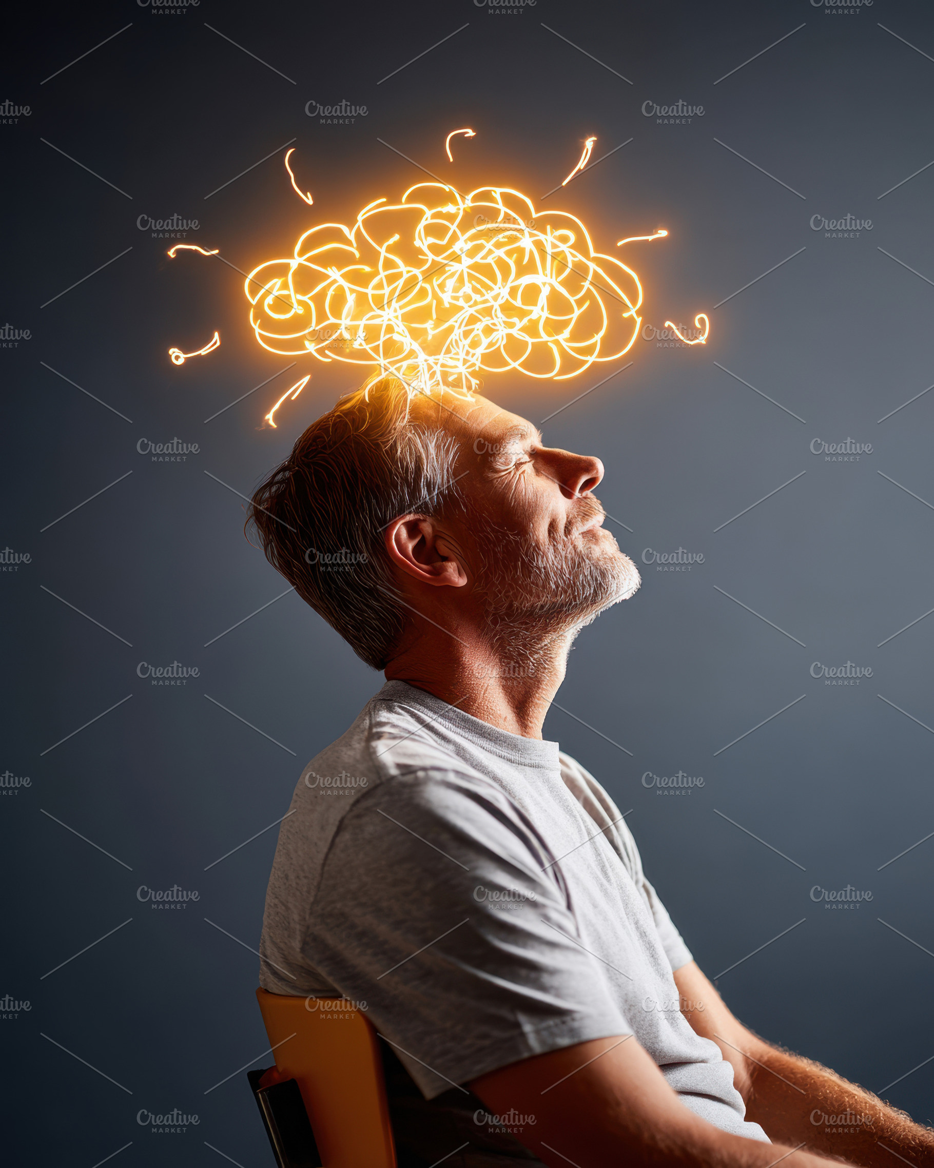 Thoughtful man with creative ideas visualization, an Abstract Photo by AlyaAnd