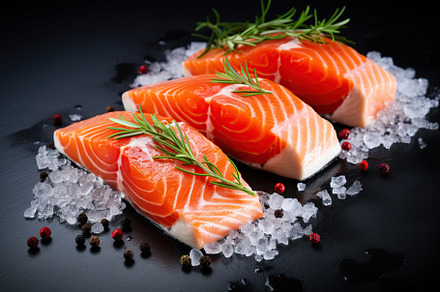 Fresh salmon fillet with ice on black background, a Food & Drink Photo by AlyaAnd
