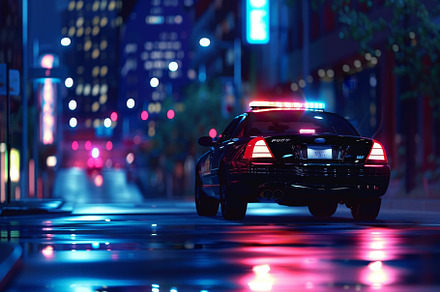 The black police car with flashing l, a Photo by Tanuart