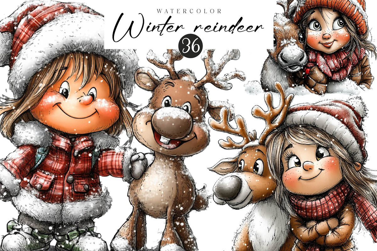 Winter girl and reindeer clipart, an Illustration by CreationArt (Photo 1 of 5)