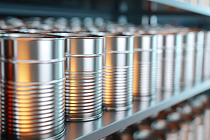 Metallic canned goods on supermarket shelf, an Industrial Photo by AlyaAnd