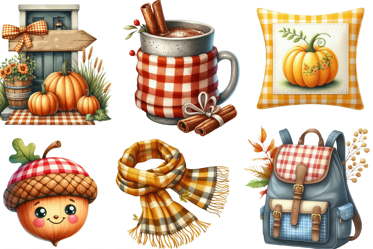 Watercolor Gingham Autumn Clipart, an Illustration by Designking (Photo 2 of 4)