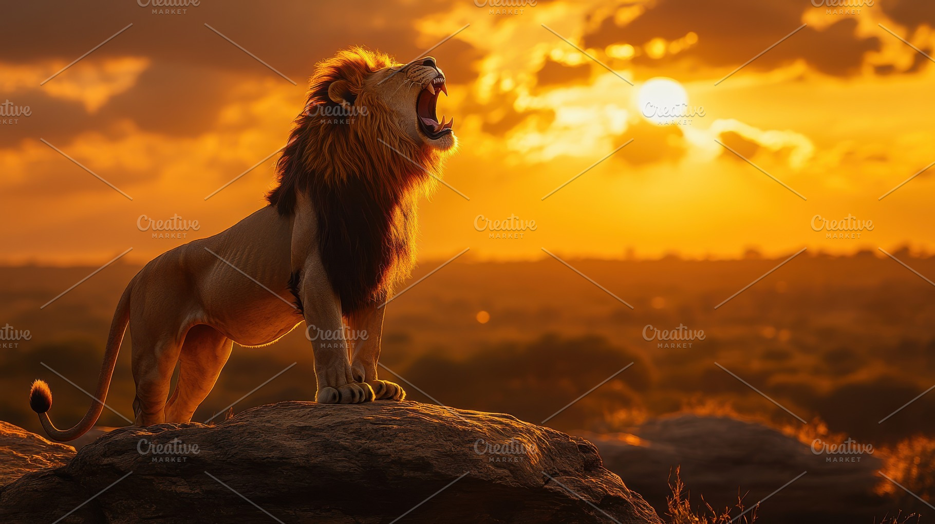 Roaring Lion at Sunset: Majestic lio, an Animal Photo by Pixeness Studio
