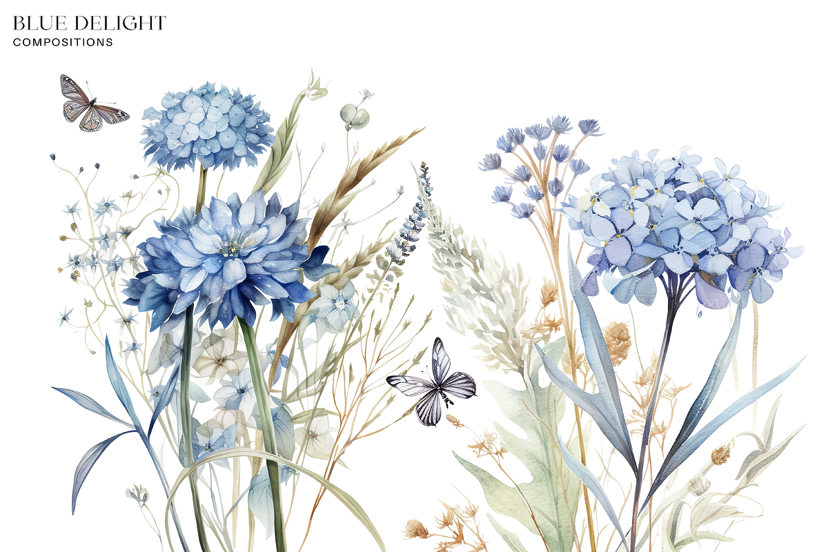 Dusty Blue Floral Clipart Watercolor, a Decorative Illustration by Patishop Art (Photo 2 of 7)