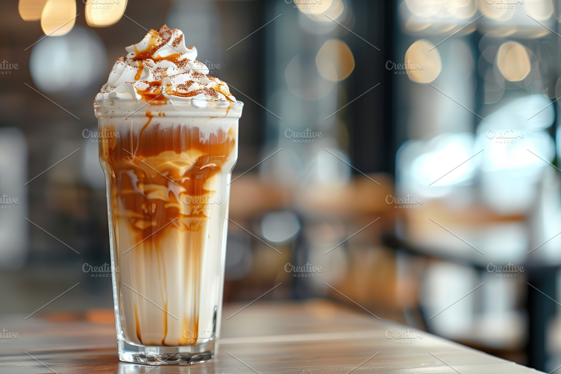 Iced coffee latte in cup on table in street cafe, a Food & Drink Photo by AlyaAnd