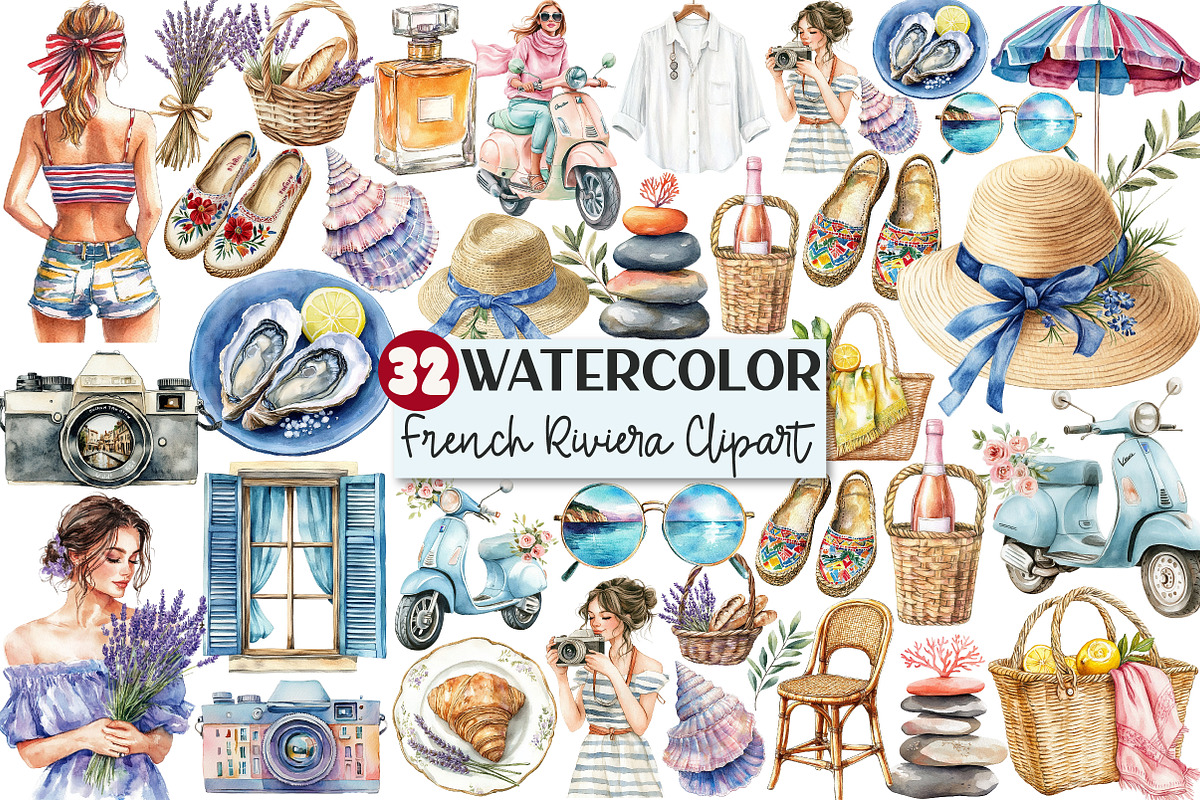 French Riviera Watercolor Clipart, an Illustration by Rose Art (Photo 1 of 7)