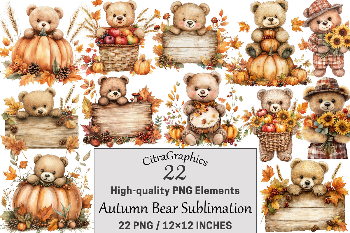 Autumn Bear Watercolor Sublimation, a Seasonal Illustration by CitraGraphics (Photo 1 of 5)
