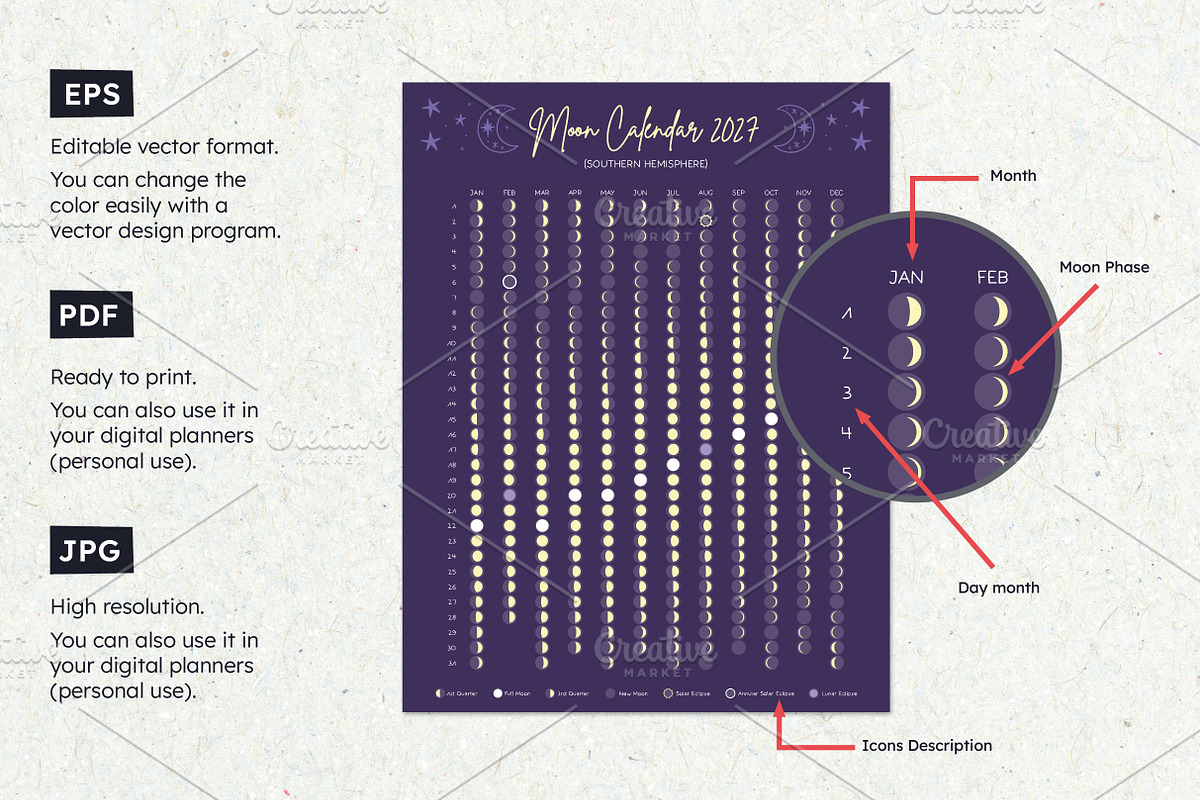 2027 Moon Calendar Portrait Southern, a Poster Template by insemar (Photo 3 of 4)