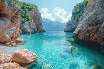 Serene turquoise waters and rocky cl, a Photo by Tanuart