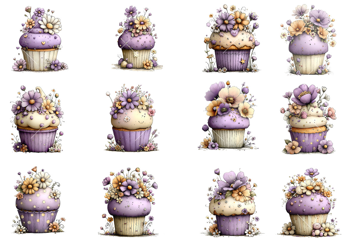 Whimsical Spring Cup Cake Clipart, an Illustration by OK Design (Photo 3 of 6)