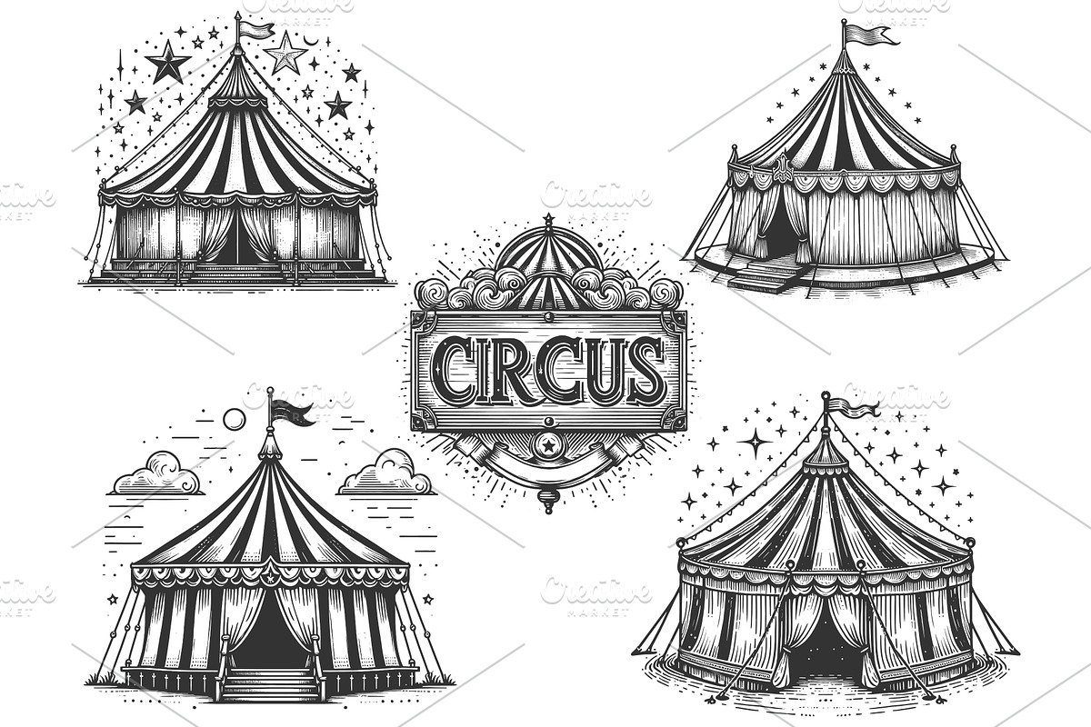 Circus Tents and Sign set vector, an Object Illustration by AlexArt