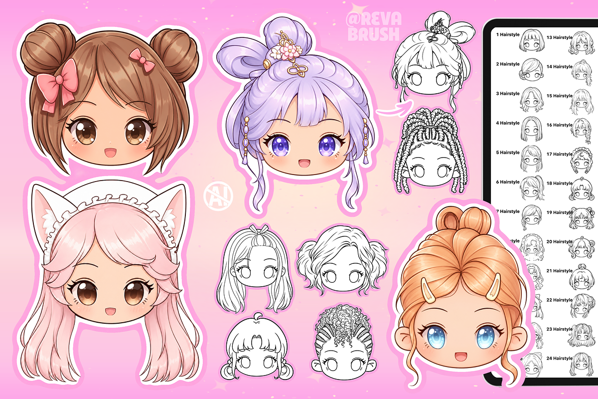 Procreate Chibi Hairstyles brushes, a Brush Add-On by Revabrush (Photo 10 of 16)