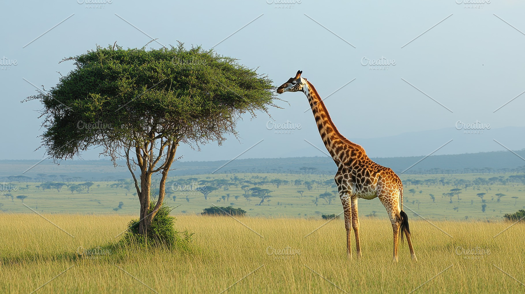 Giraffe reaching for tree leaves in, an Animal Photo by Pixeness Studio
