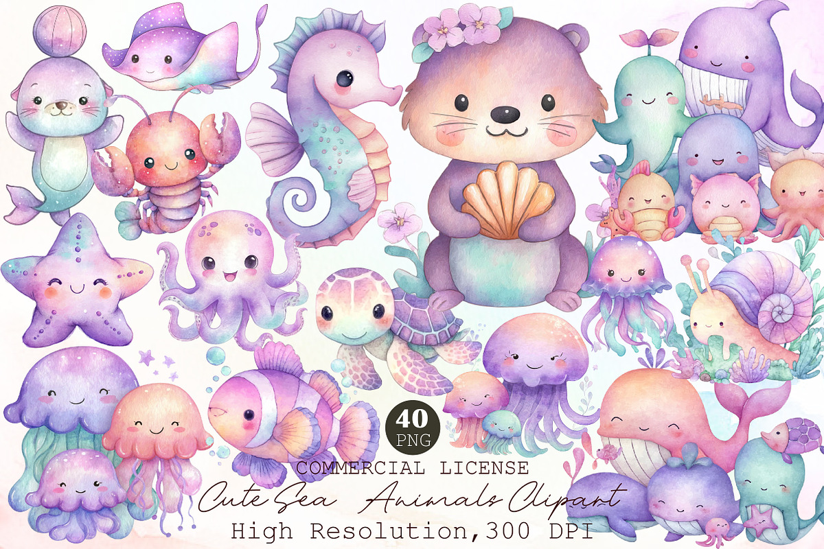 Cute Sea Animals Watercolor Clipart, an Animal Illustration by Sublimation Artist (Photo 1 of 6)