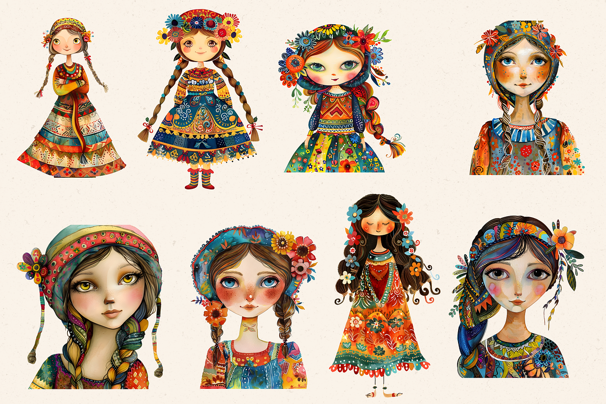 WHIMSICAL FOLK GIRL CLIPART PACK, a Person Illustration by Daring Digies (Photo 2 of 9)