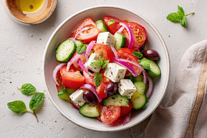 Fresh Mediterranean salad with feta and olives, a Food & Drink Photo by AlyaAnd